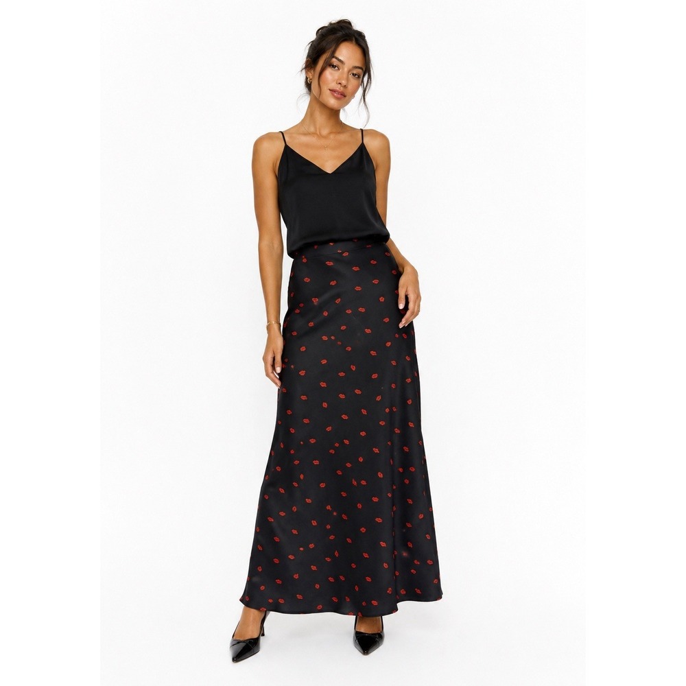 A New Day Skirt Black Lip Print Maxi Skirt Size XL Coquette Satin Aesthetic